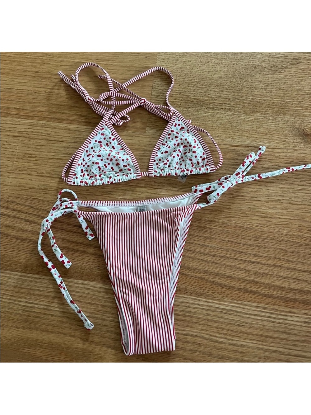 Frankie's Bikinis Red & White Stripe Cherry-Print Tie Bikini